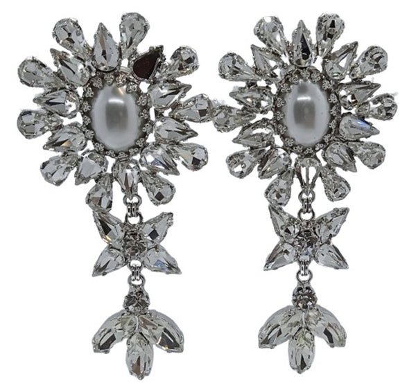 ALESSANDRA RICH Ladies Flower Crystals Silver Tone Clip on Earrings NEW RRP395