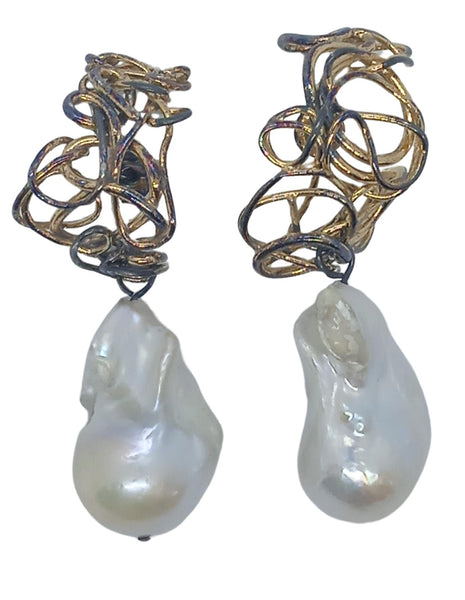 COMPLETEDWORKS Ladies Yellow Gold Plated Squiggle Pearl Drop Earrings NEW