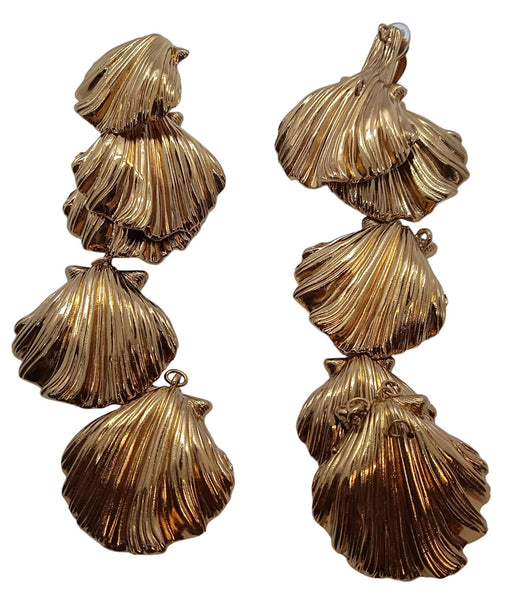SAINT LAURENT 5 Shell Earrings Clip On Dangle Drop Gold Tone Brass OS NEW RRP700