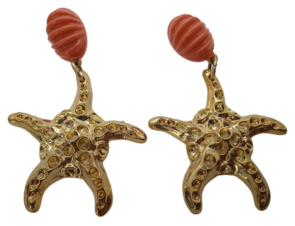RIXO Kristina Earrings Starfish Drop Gold Plated Brass Orange OS NEW RRP120