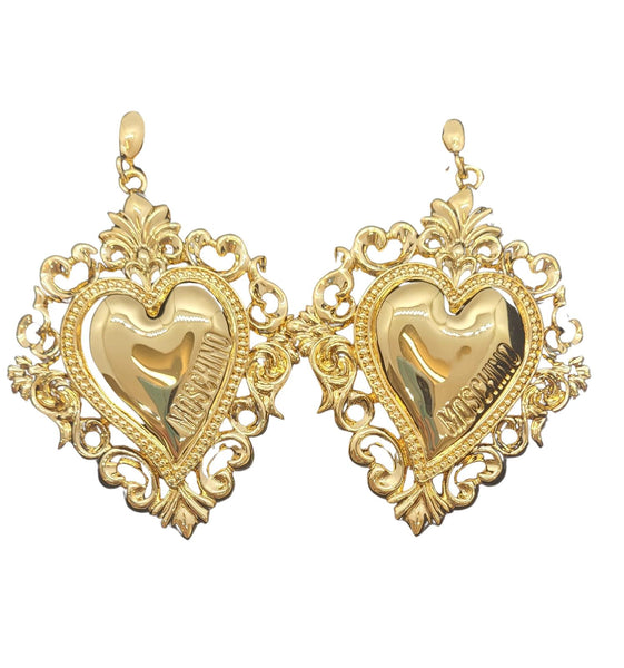 MOSCHINO Statement Earrings Heart Logo Gold Tone Clip On Drop Dangle NEW RRP285