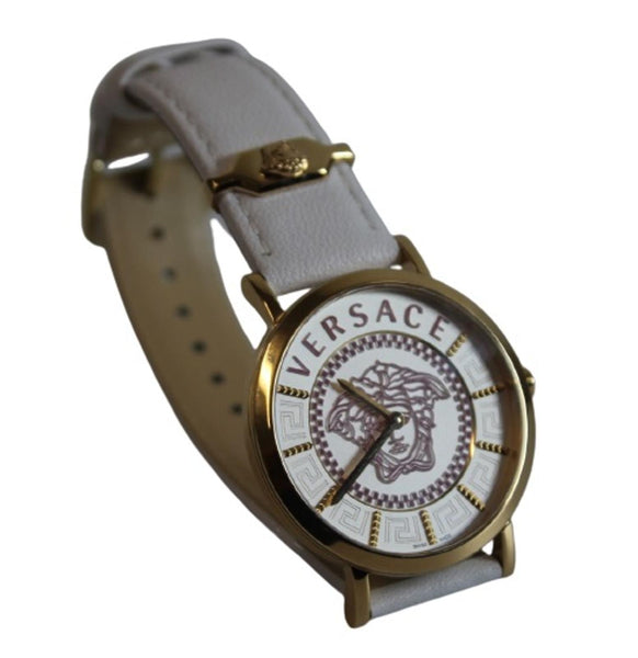 VERSACE Ladies V-Essential Stainless Steel White Leather Strap Watch NEW