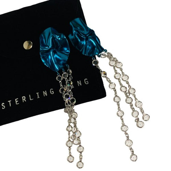 STERLING KING Ladies Blue Hammered Metal Crystal Earrings Chandelier NEW