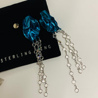 STERLING KING Ladies Blue Hammered Metal Crystal Earrings Chandelier NEW