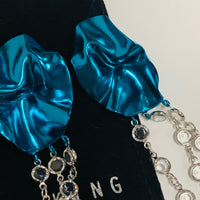 STERLING KING Ladies Blue Hammered Metal Crystal Earrings Chandelier NEW