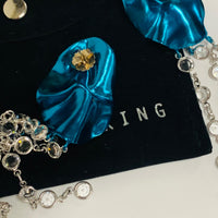 STERLING KING Ladies Blue Hammered Metal Crystal Earrings Chandelier NEW