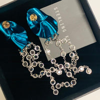 STERLING KING Ladies Blue Hammered Metal Crystal Earrings Chandelier NEW