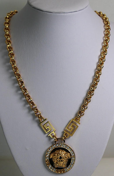 VERSACE Ladies Crystal La Medusa Medallion Greca Chain Pendant Necklace OS NEW