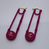 VERSACE Bright Pink & Gold Vibrant Coin Drop Safety Pin Style Earrings NEW