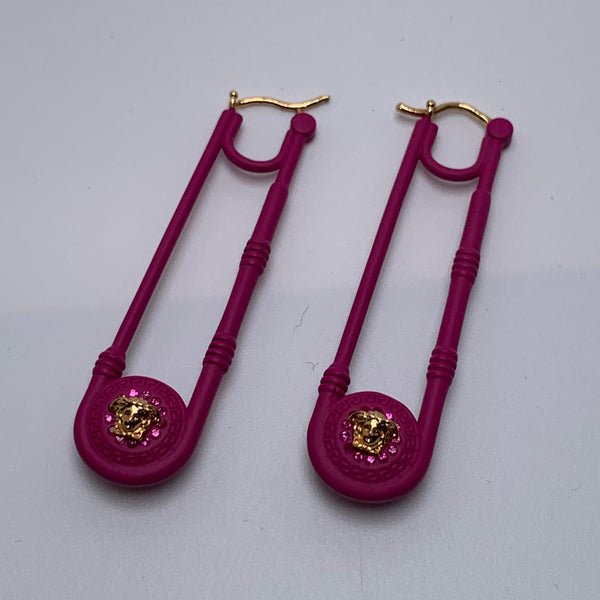 VERSACE Bright Pink & Gold Vibrant Coin Drop Safety Pin Style Earrings NEW