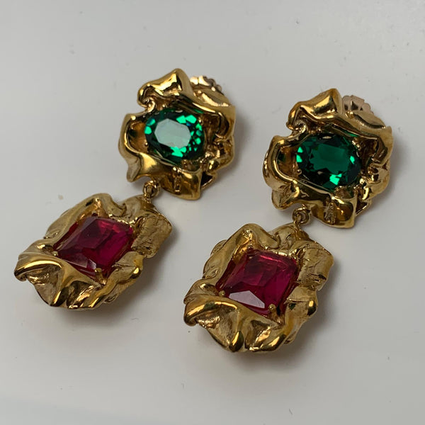 STERLING KING Yellow Sterling Gold Lolita Green Pink Crystal Drop Earrings NEW