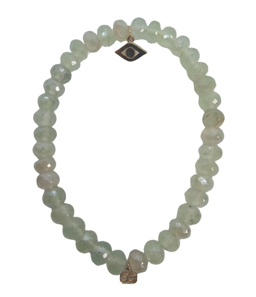 SYDNEY EVAN Ladies Green Prehnite Bead 14ct Gold Evil Eye Charm Bracelet 9" NEW
