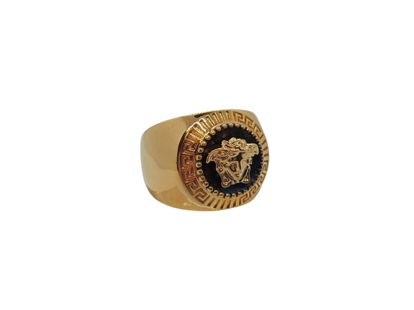 VERSACE Men's Gold Greca Detail Medusa Head Signet Ring Size IT15/UK N NEW