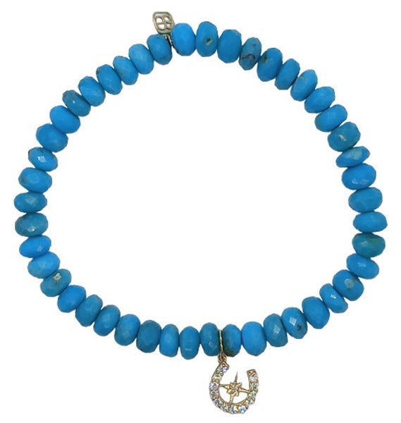SYDNEY EVAN Ladies 14K YG Turquoise Blue Horseshoe Charm Bracelet OS NEW RRP600