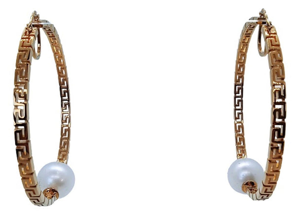 VERSACE Ladies Gold Tone Greca Faux Pearl Large Hoop Earrings OS NEW RRP580