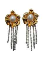 STERLING KING Ladies Gold-Tone Titania Pearl Crystal Fringe Earrings OS NEW