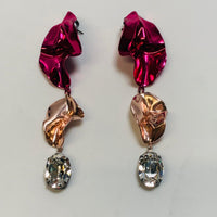 STERLING KING Pink Cindy Fuchsia Hammered Crystal 3 Drop Earrings NEW RRP 350