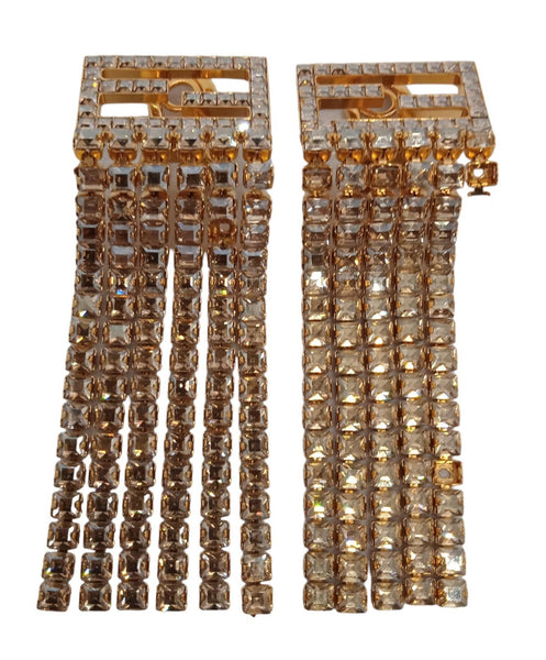 FENDI Tassel Drop Earrings FF Logo Gold Tone Metal Crystal Ladies One Size NEW