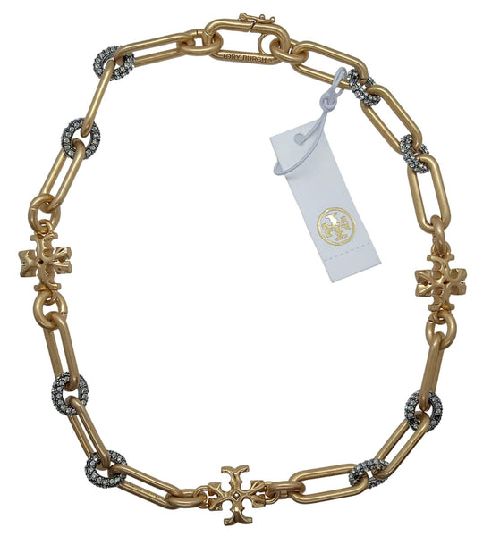 TORY BURCH Roxanne Chain Pavé Short Necklace Crystal Brass Gold OS NEW RRP300