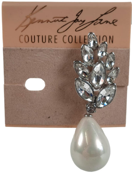 KENNETH JAY LANE Silver & Crystal Pearl Drop Audrey Single Earring One Size NEW