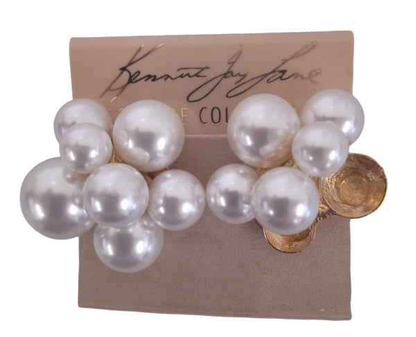 KENNETH JAY LANE Ladies Faux Pearl Gold Tone Cluster Clip Earrings OS NEW