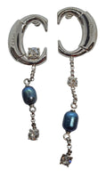 CHLOÉ Darcey Earrings Pearl Drop Crystal Asymmetric Palladium/Blue OS NEW RRP400