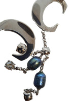 CHLOÉ Darcey Earrings Pearl Drop Crystal Asymmetric Palladium/Blue OS NEW RRP400