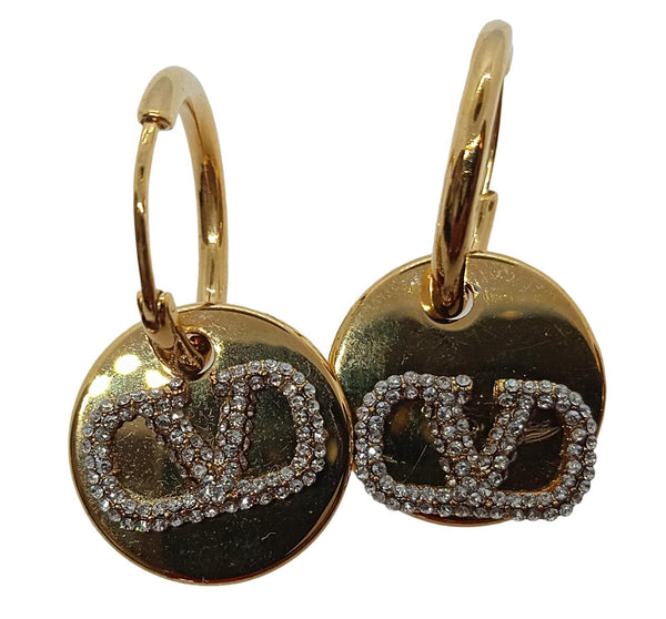 VALENTINO GARAVANI V Logo Medallion Drop Earrings Crystal Pave OS NEW RRP500