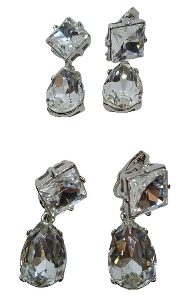 2 x KENNETH JAY LANE Double Crystal Earrings Clip On Drop Silver OS NEW FAULTY