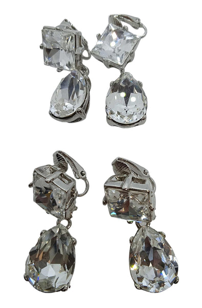 2 x KENNETH JAY LANE Double Crystal Link Earrings Clip On Silver OS NEW FAULTY