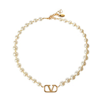 VALENTINO Necklace Gold Beaded Pearl V Logo Yellow Ladies Size:OS NEW RRP: 540