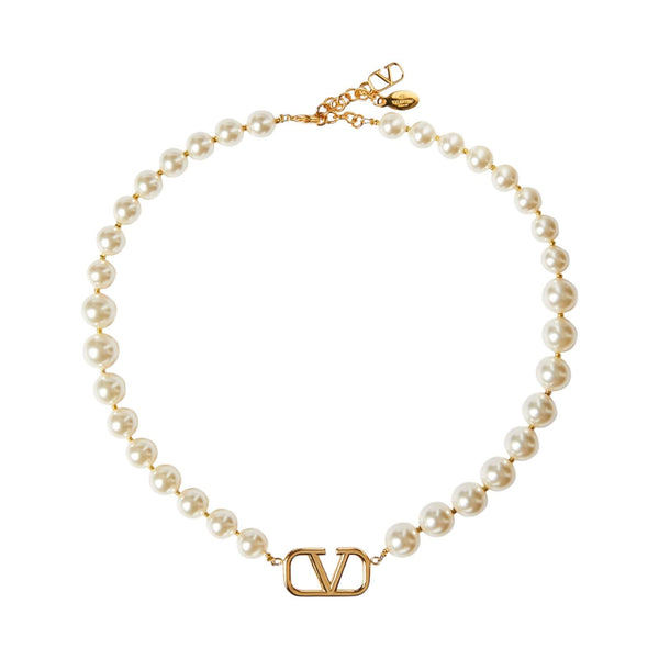 VALENTINO Necklace Gold Beaded Pearl V Logo Yellow Ladies Size:OS NEW RRP: 540