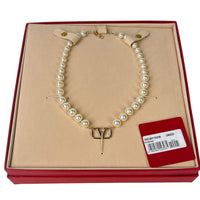 VALENTINO Necklace Gold Beaded Pearl V Logo Yellow Ladies Size:OS NEW RRP: 540