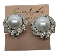 KENNETH JAY LANE Crystal Faux Pearl Earrings Clip On White/Silver OS NEW RRP125