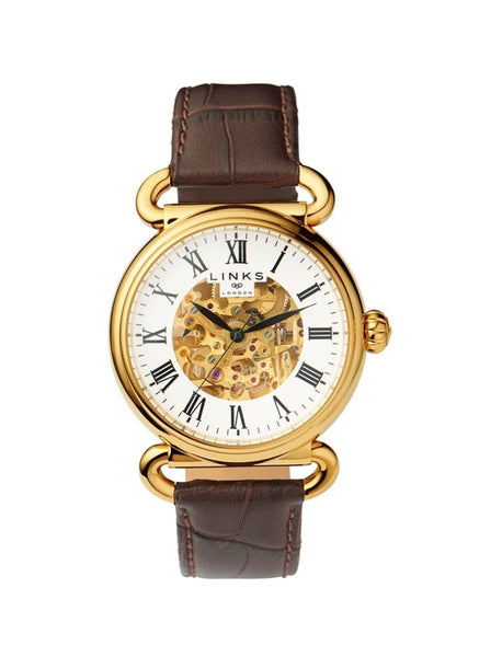 LINKS OF LONDON Men's Gold Vermeil Brown Strap Driver Skeleton Watch RRP600 NEW